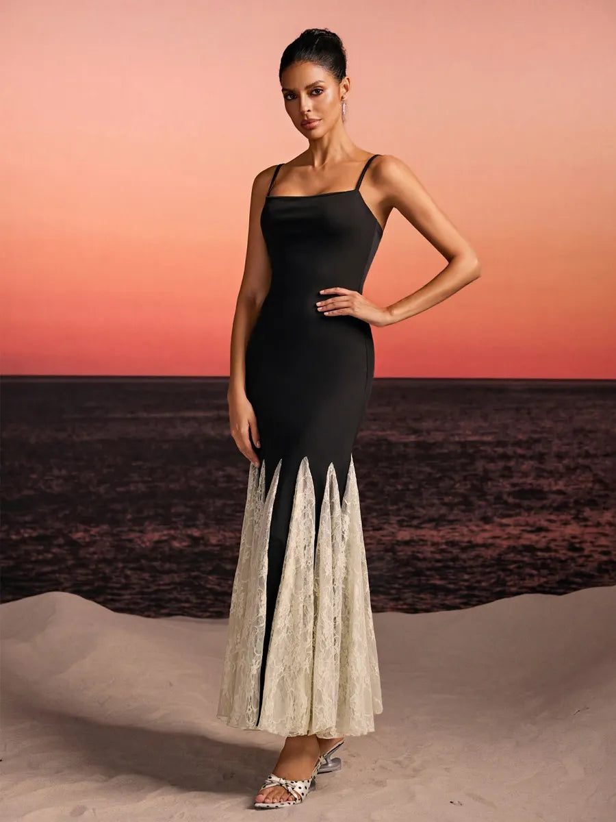 Aviana Spaghetti Lace Flared Maxi Dress