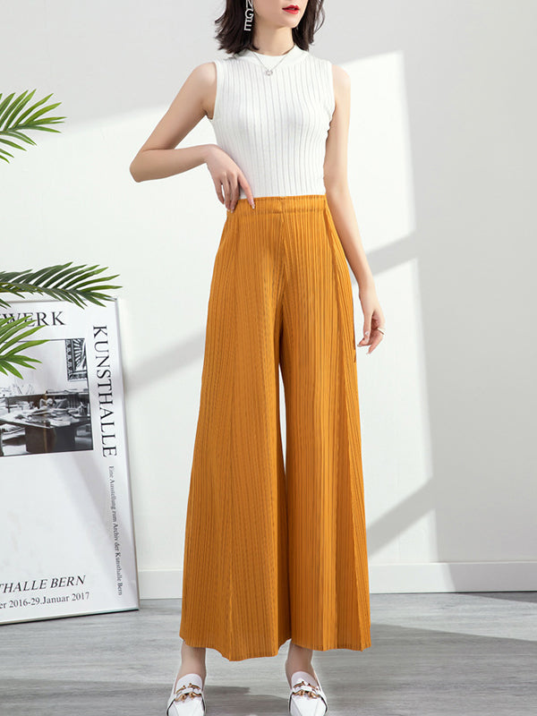 Simple Loose Wide Leg Pleated Solid Color Casual Pants Bottoms