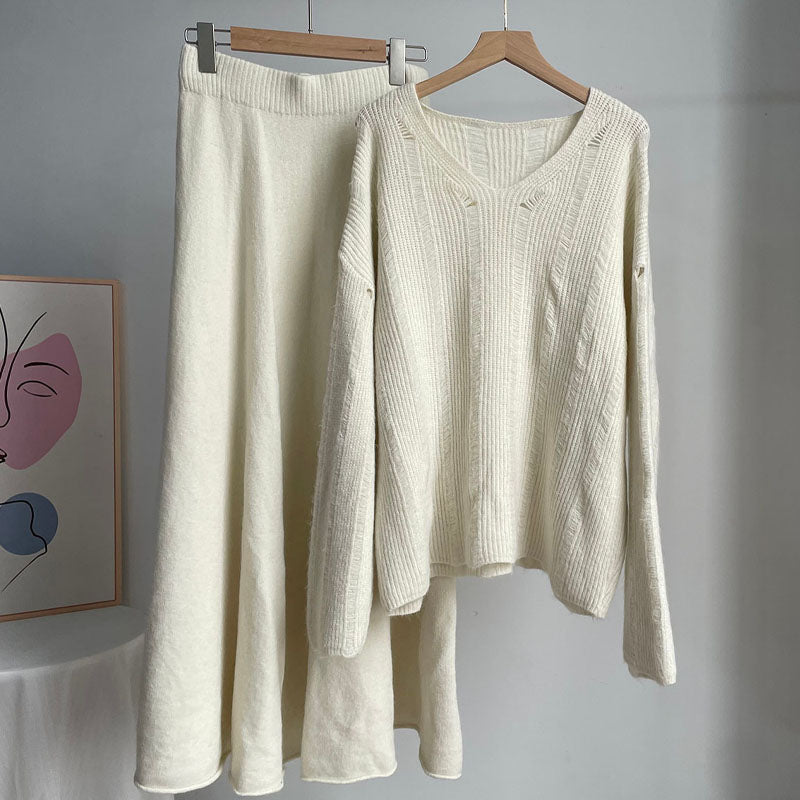 Solid Color Loose Knit Sweater Maxi Skirt Set