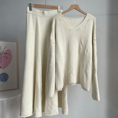 Solid Color Loose Knit Sweater Maxi Skirt Set
