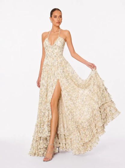 Anika Pearl-Embellished Halter-Neck Ruffled Slit Maxi Dress