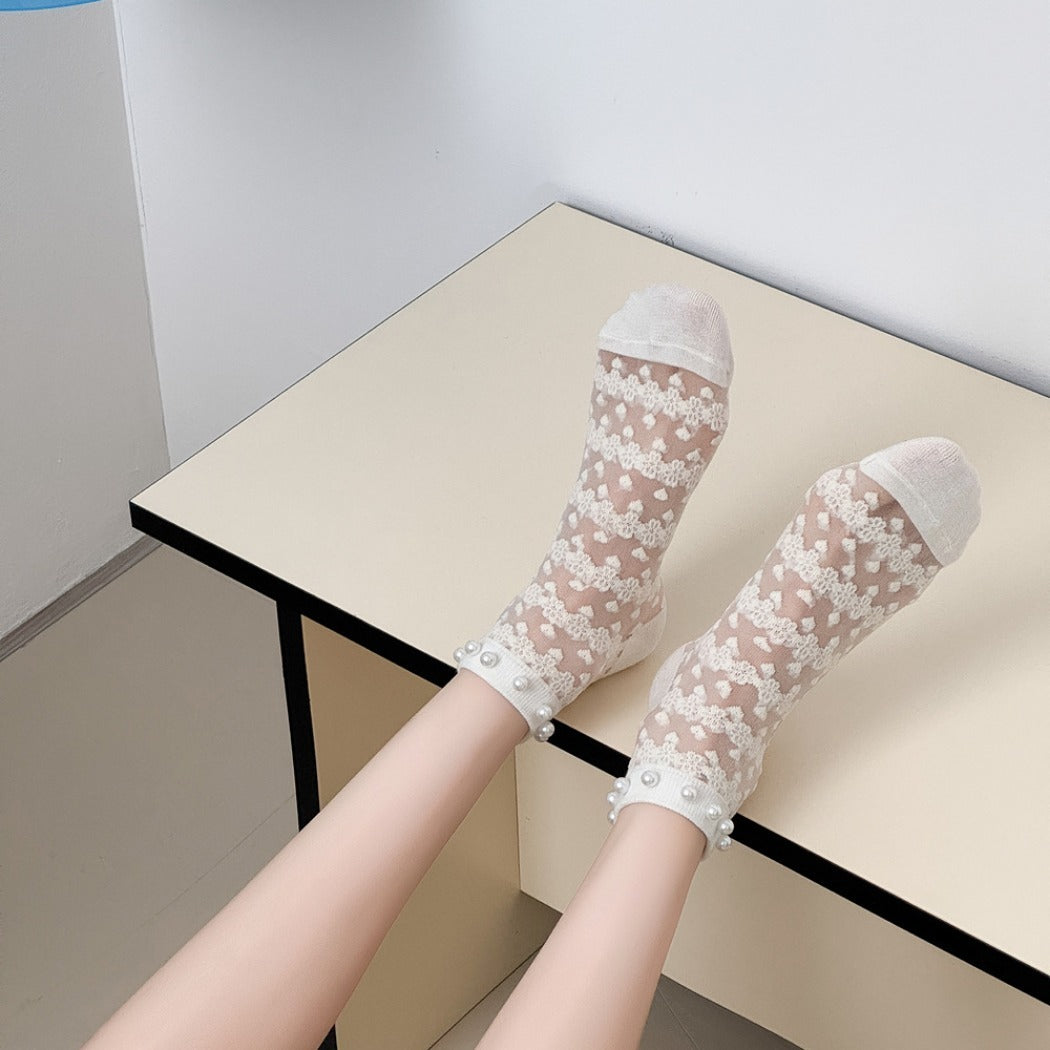Rufia - Delicate Lace Ankle Socks with White Beads