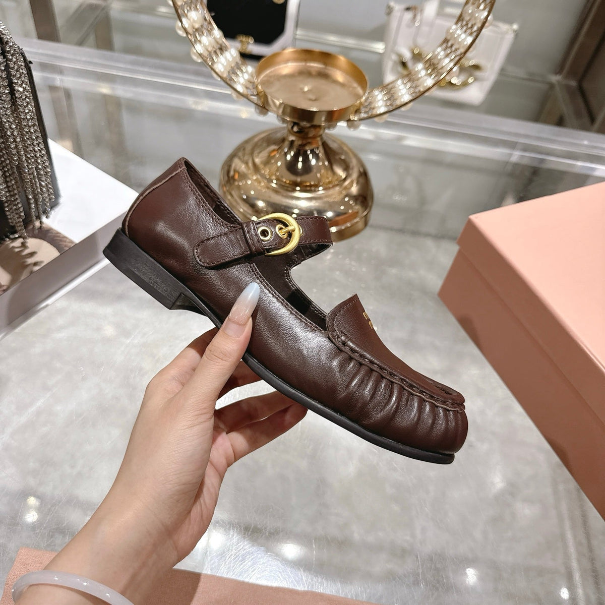 Miu Mary Jane Ballet Flats Brown Leather 592042