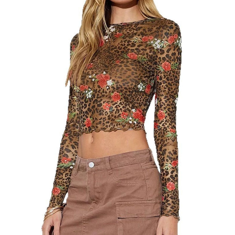 Leopard Print Round Neck Long Sleeve Blouse