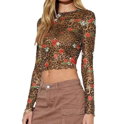Leopard Print Round Neck Long Sleeve Blouse