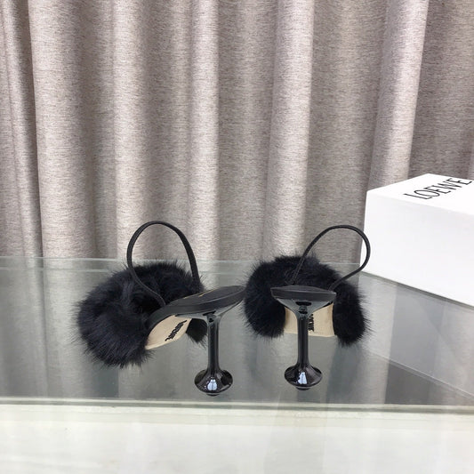 Loewe 25SS Fur-lined Mule 100 Black in Fox Fur 597440