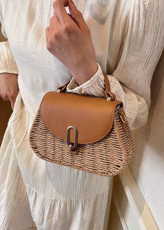 Curved Rattan Shoulder Bag with Faux Leather Flap