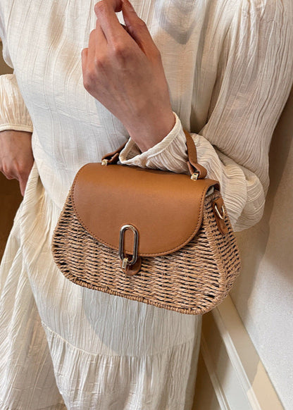 Curved Rattan Shoulder Bag with Faux Leather Flap