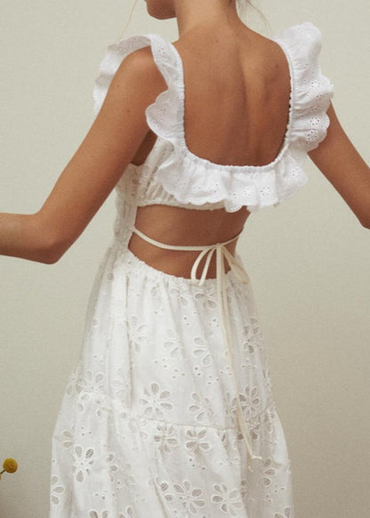 Embroidered Cotton Maxi Dress With Ruffle Straps