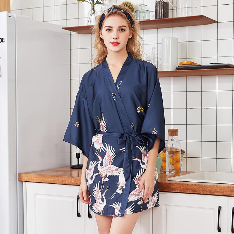 Silk Crane Pajama Girl Summer Mid Sleeve Bride Morning Robe Big Yard Home Robe Bathrobe Color56