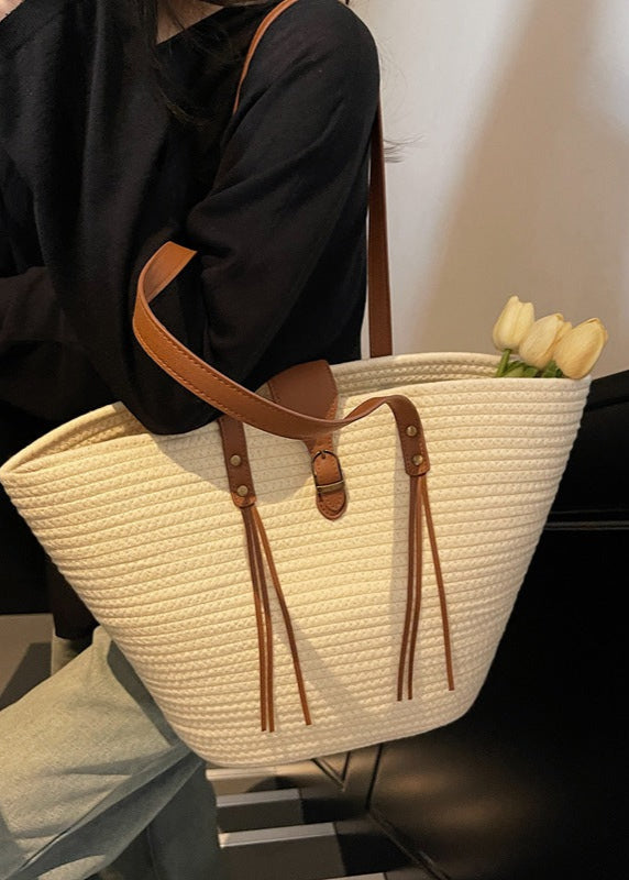 Oversized Braided Straw Tote Bag with Buckle Accent