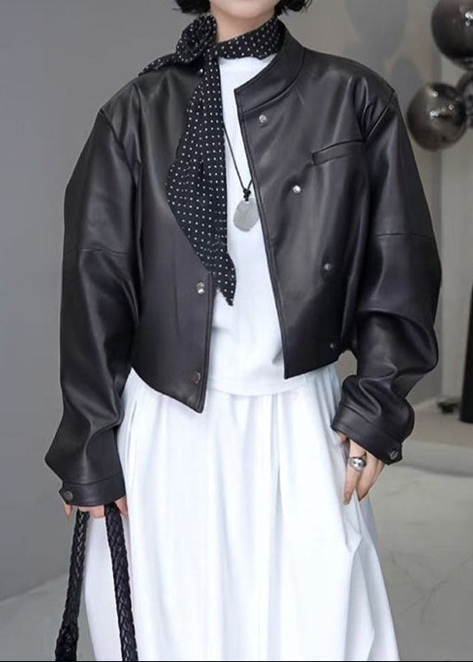 Cropped Faux Leather Snap Button Jacket