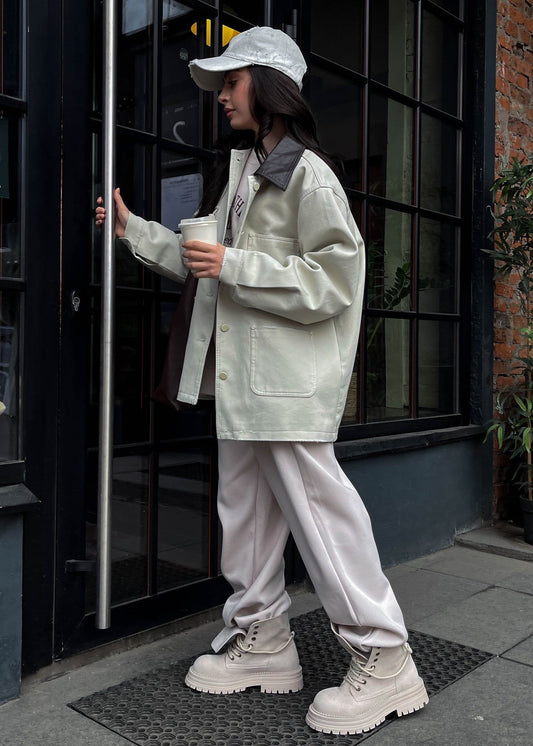 Oversized Cotton Canvas Utility Jacket Light Gray