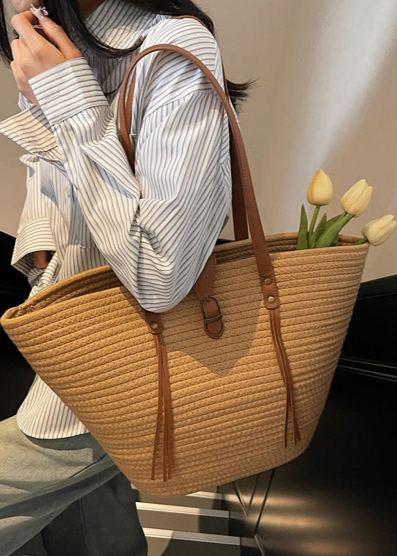 Oversized Braided Straw Tote Bag with Buckle Accent