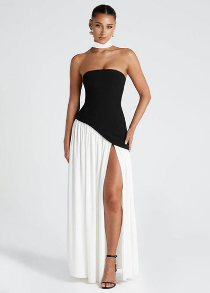 Strapless Contrast Gown Black And White With Slit