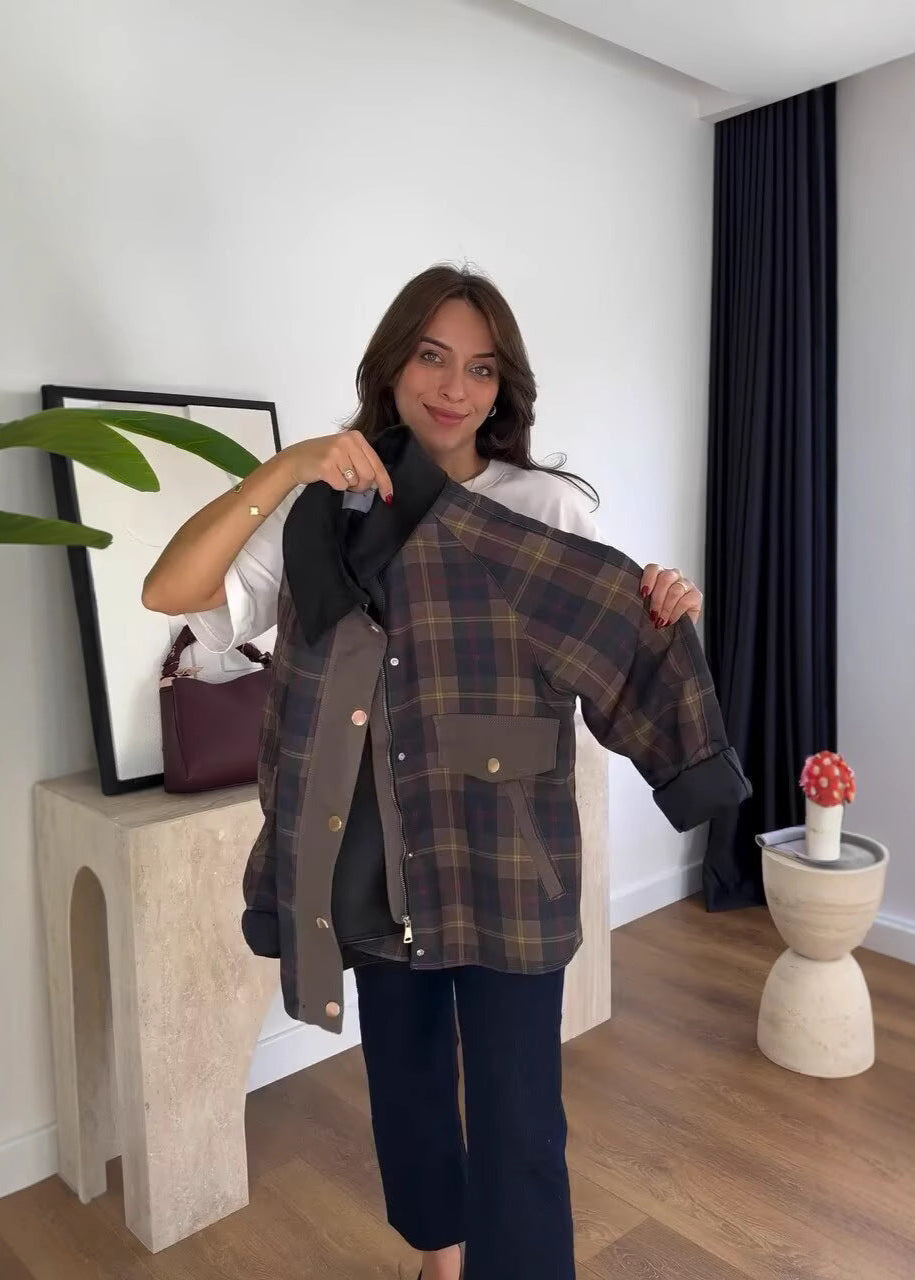 Plaid Oversized Jacket Structured Comfortable Fabric