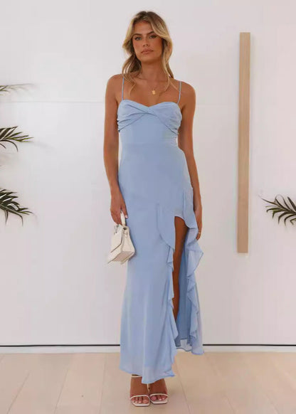 Ruffled Slit Maxi Dress In Blue Chiffon