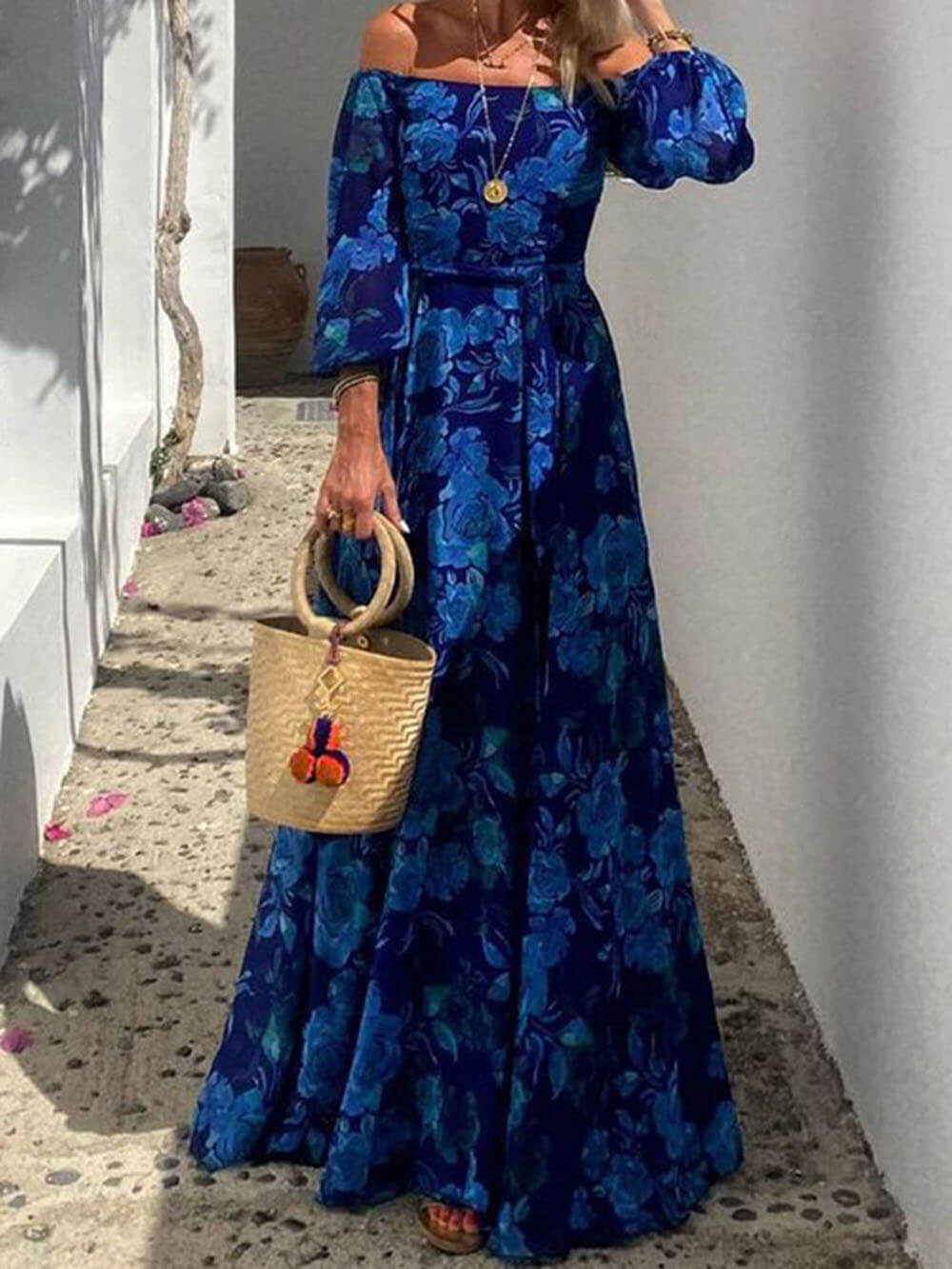 Floral Off Shoulder Smocked Blue Maxi Dress