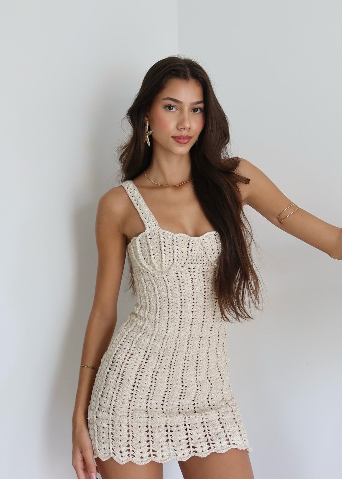 Crochet Knit Bodycon Mini Dress In Apricot