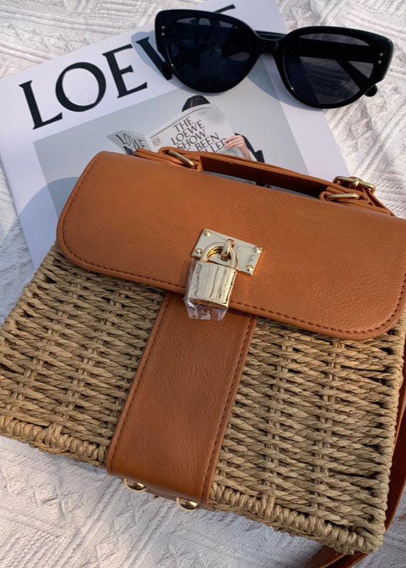 Woven Rattan Crossbody Bag with Faux Leather Trim