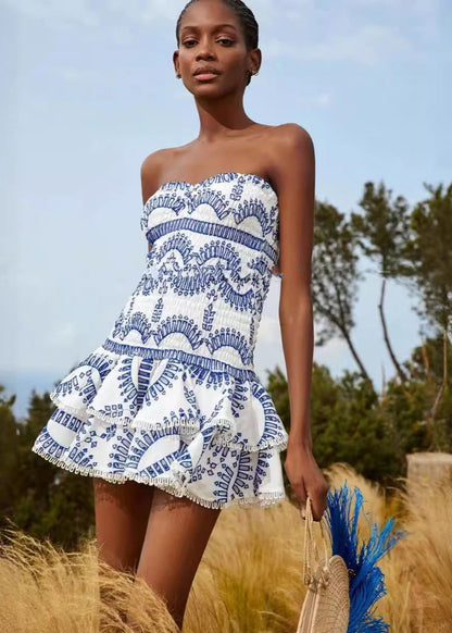 Smocked Strapless Mini Dress Lightweight Blue Print