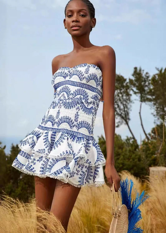 Smocked Strapless Mini Dress Lightweight Blue Print