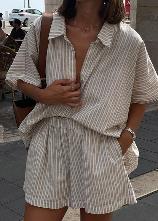 Striped Linen Look Two Piece Set Khaki