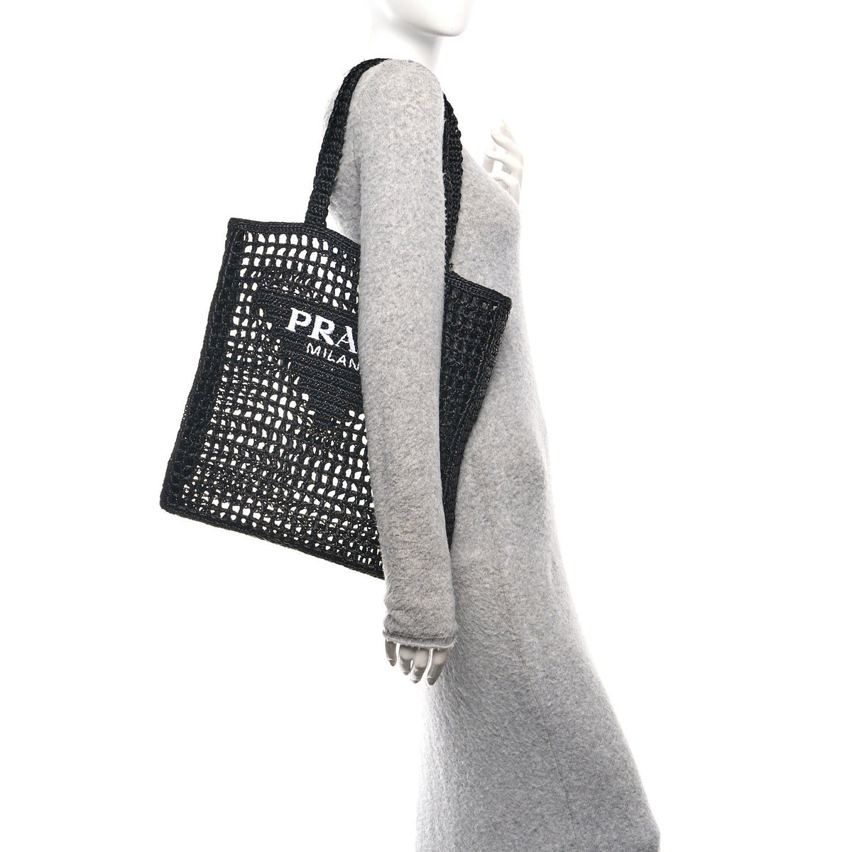 Yarn Raffia Effect Crochet Logo Embroidered Tote Bag Black