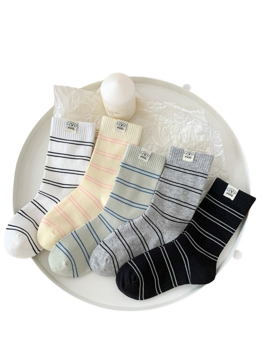 Rufia - Striped Puppy Mid-calf Socks - Cute &amp; Stylish