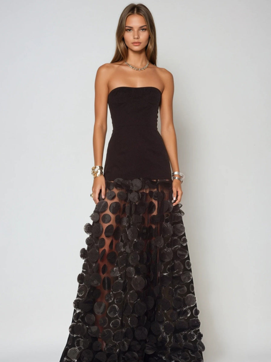 Kinsley Dot Strapless Maxi Dress In Black