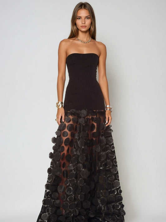 Kinsley Dot Strapless Maxi Dress In Black