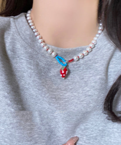 Cute White Alloy Strawberry Pearl Pendant Necklace