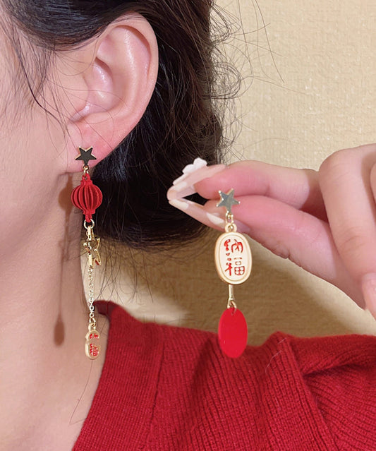 Vintage Red Sterling Silver Alloy Asymmetric Star Lantern Tassel Drop Earrings