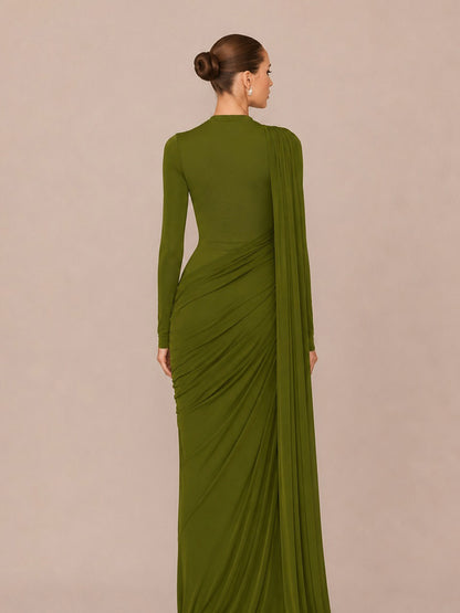 Luna Ruffled Ribbon Round Neck Long Sleeve Maxi Dress