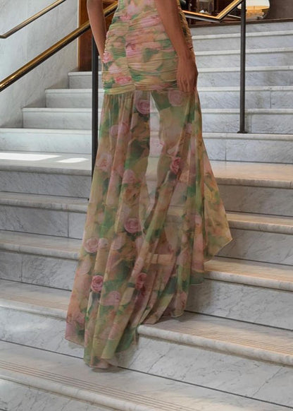 Floral Mesh Maxi Dress With Corset Boning
