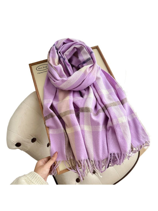Scarvii - Reversible Color-Block Plaid Scarf with Fringe