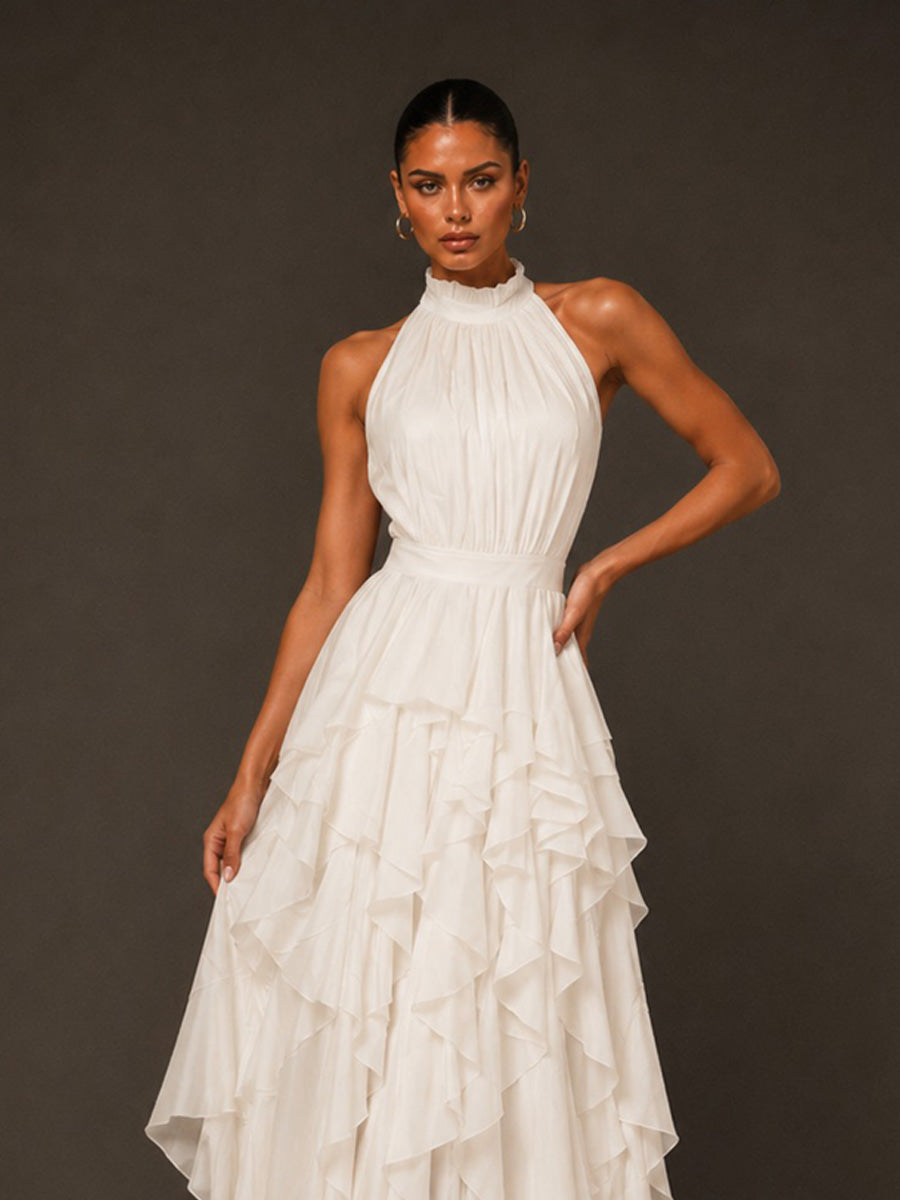 Eliana Ruffled Halter-Neck Midi Dress with Cinched Waist In White