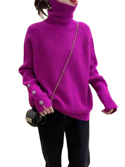 Casual Loose Long Sleeves Solid Color High-Neck Sweater Tops