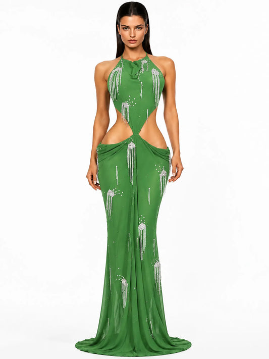 Sabrina Pleated Cut-Out Metallic Tassel Maxi Dress In Green