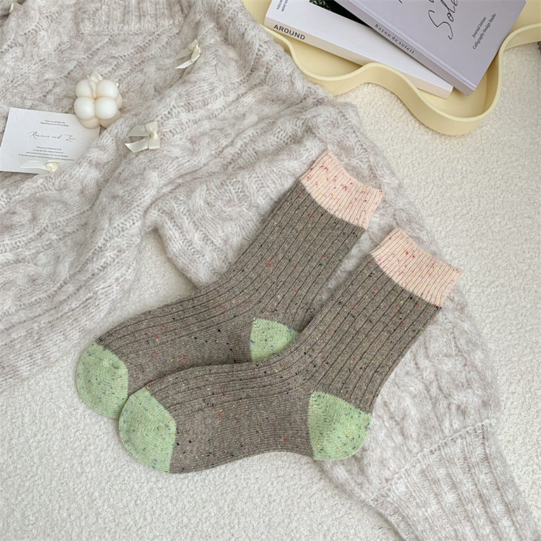 Rufia - Color Block Polka Dot Thermal Mid-Calf Socks