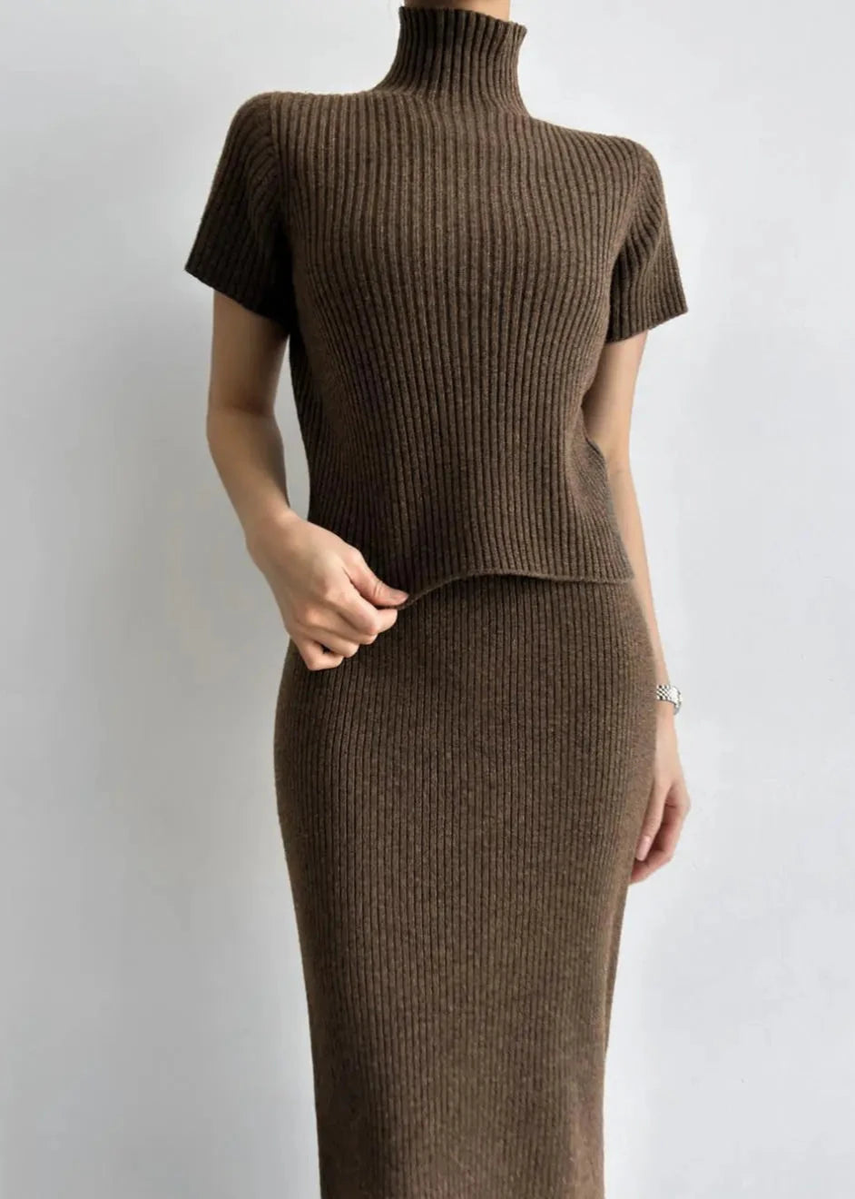 Two Piece Knit Set With Mock Neck And Skirt