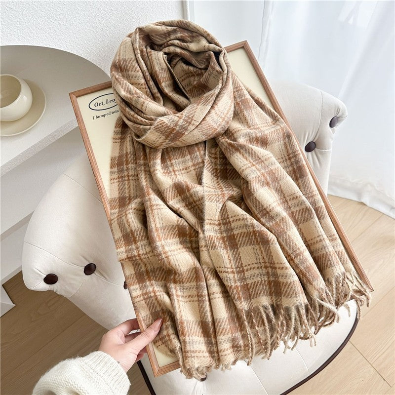 Color Block Plaid Fringe Scarf