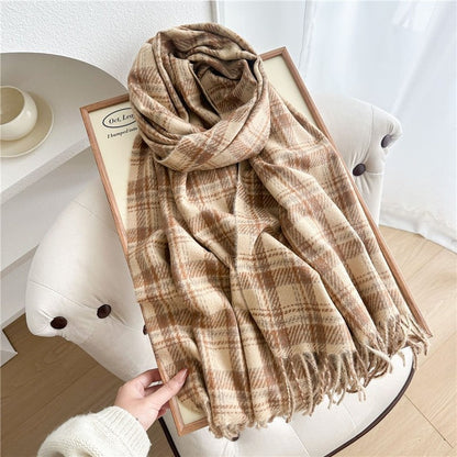 Color Block Plaid Fringe Scarf
