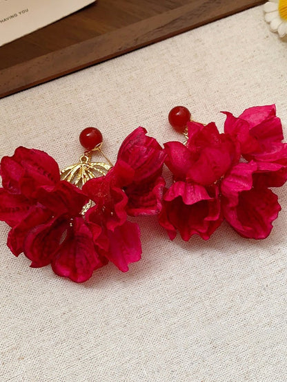Earwish - Rose Red Floral Tassel Earrings