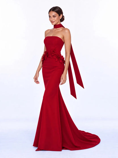 Raquel Elegant Strapless Maxi Dress with 3D Floral Details