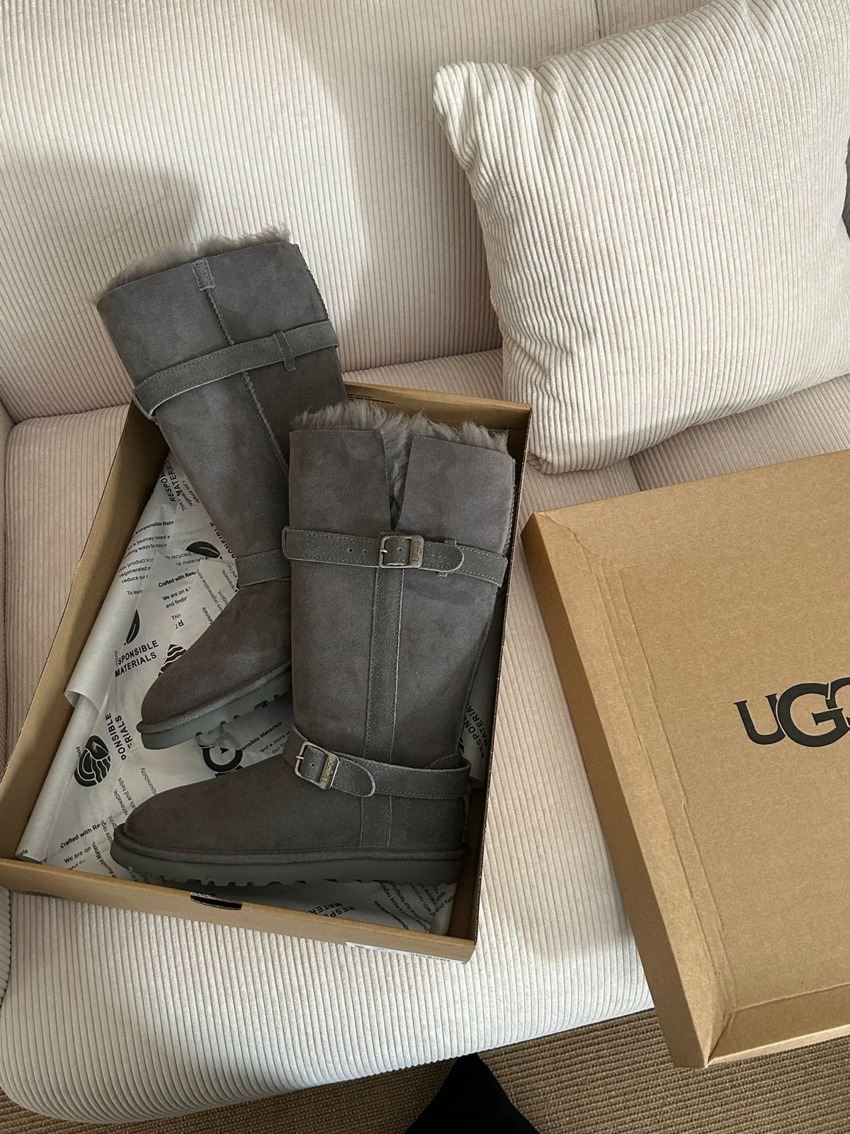 UGG Platform Foldable Tall Boots Grey Suede Shearing