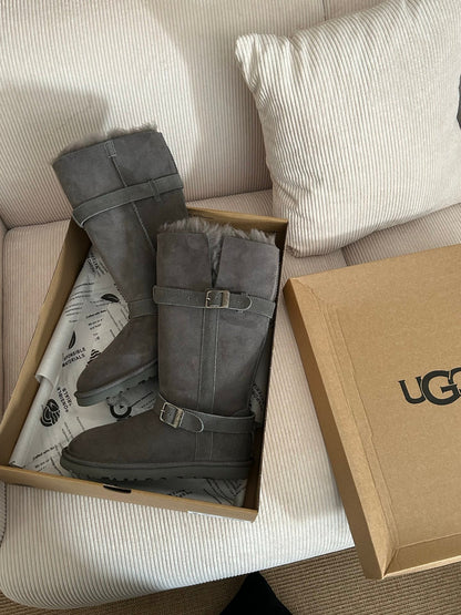 UGG Platform Foldable Tall Boots Grey Suede Shearing