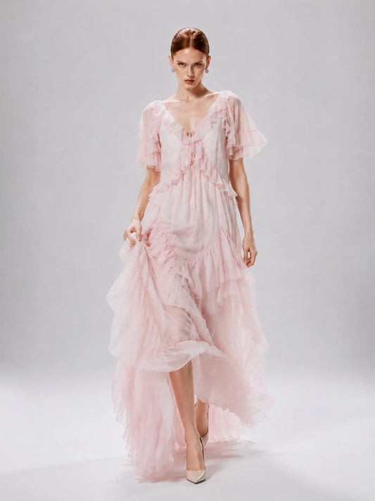 Clementine Sheer Mesh Ruffled Maxi Dress In Pink
