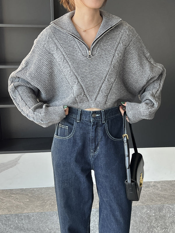 Simple Batwing Sleeves Long Sleeves Jacquard Solid Color Lapel Collar Sweater Tops