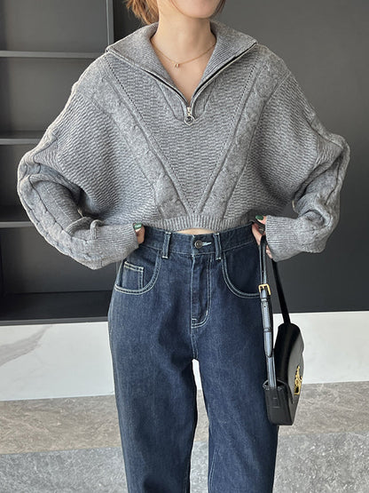 Simple Batwing Sleeves Long Sleeves Jacquard Solid Color Lapel Collar Sweater Tops